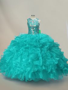 Fine Aqua Blue Ball Gowns Organza Scoop Sleeveless Beading and Ruffles Floor Length Lace Up Sweet 16 Dress