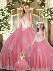 Watermelon Red Ball Gowns Sweetheart Sleeveless Floor Length Lace Up Beading and Appliques Ball Gown Prom Dress