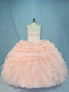 Peach Straps Lace Up Beading Quinceanera Dress Sleeveless
