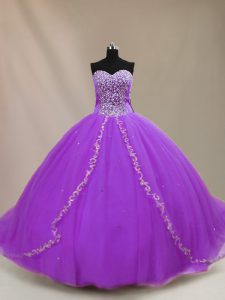 Purple Lace Up Quinceanera Gown Beading Sleeveless Court Train