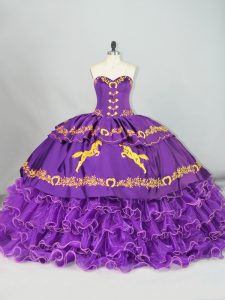 Exquisite Purple Sleeveless Embroidery and Ruffled Layers Lace Up Quinceanera Gown
