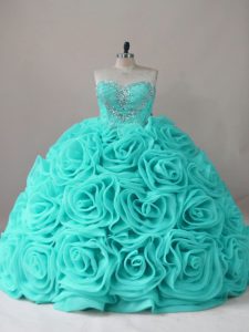 Best Sweetheart Sleeveless Lace Up Sweet 16 Dress Aqua Blue Fabric With Rolling Flowers