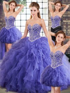 Lavender Lace Up Sweetheart Beading and Ruffles Quinceanera Gowns Tulle Sleeveless