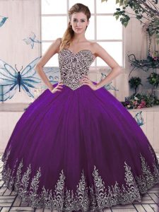 High End Purple Ball Gowns Tulle Sweetheart Sleeveless Beading and Embroidery Floor Length Lace Up Ball Gown Prom Dress