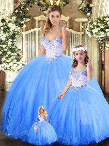 Pretty Floor Length Lace Up Sweet 16 Dress Blue for Sweet 16 and Quinceanera with Beading