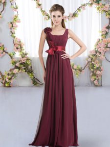Shining Burgundy Sleeveless Floor Length Belt and Hand Made Flower Zipper Dama Dress