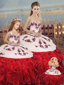 Excellent White And Red Lace Up Quinceanera Gown Embroidery and Ruffles and Bowknot Sleeveless Floor Length