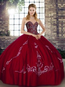 Sweetheart Sleeveless Sweet 16 Dresses Floor Length Beading and Embroidery Wine Red Tulle
