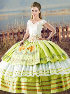 Yellow Green Sleeveless Embroidery and Ruffled Layers Floor Length Ball Gown Prom Dress