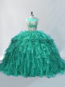 Top Selling Scoop Sleeveless 15th Birthday Dress Brush Train Beading and Ruffles Turquoise Organza