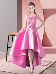 Luxurious High Low Zipper Quinceanera Court Dresses Rose Pink for Wedding Party with Lace