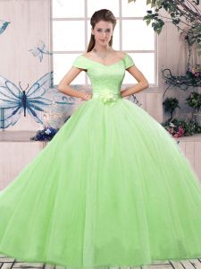 Enchanting Ball Gowns Tulle Off The Shoulder Short Sleeves Lace and Hand Made Flower Floor Length Lace Up 15th Birthday Dress