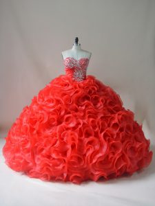 Sleeveless Beading and Ruffles Lace Up Quinceanera Gown with Red Court Train