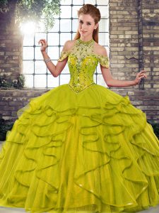Fine Olive Green Ball Gowns Tulle Halter Top Sleeveless Beading and Ruffles Floor Length Lace Up Quinceanera Gowns