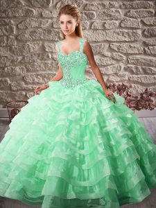 Apple Green Straps Neckline Beading and Ruffled Layers Sweet 16 Dress Sleeveless Lace Up