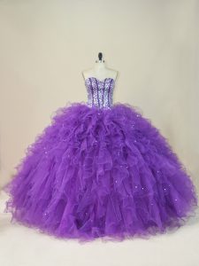 Chic Purple Sweetheart Neckline Beading and Ruffles Vestidos de Quinceanera Sleeveless Lace Up