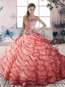 Modest Watermelon Red Ball Gowns Beading and Ruffled Layers Quince Ball Gowns Lace Up Organza Sleeveless