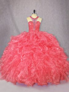 Beading and Ruffles Ball Gown Prom Dress Coral Red Zipper Sleeveless Floor Length