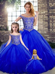 Cheap Royal Blue Ball Gowns Tulle Off The Shoulder Sleeveless Beading and Ruffles Floor Length Lace Up 15th Birthday Dress