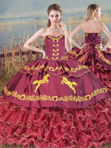 Latest Burgundy Sweetheart Lace Up Embroidery and Ruffled Layers Quinceanera Dress Brush Train Sleeveless