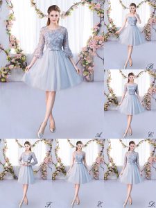 Discount Grey 3 4 Length Sleeve Knee Length Lace and Belt Lace Up Quinceanera Court Dresses