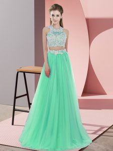 Sumptuous Apple Green Sleeveless Floor Length Lace Zipper Vestidos de Damas