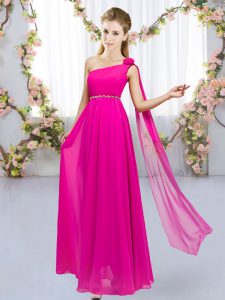Gorgeous Hot Pink Empire One Shoulder Sleeveless Chiffon Floor Length Lace Up Beading and Hand Made Flower Dama Dress for Quinceanera
