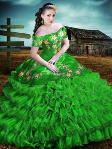 Fashion Green Organza Lace Up Off The Shoulder Sleeveless Floor Length Sweet 16 Quinceanera Dress Embroidery and Ruffles