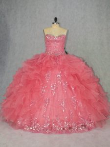 Watermelon Red Sweetheart Lace Up Beading and Ruffles Vestidos de Quinceanera Sleeveless