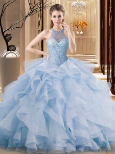 Dramatic Blue Organza Lace Up Halter Top Sleeveless Quinceanera Gowns Brush Train Beading and Ruffles