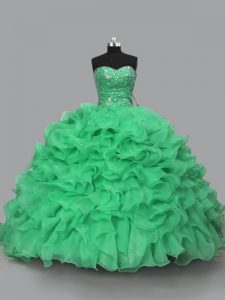 Perfect Sleeveless Floor Length Beading and Ruffles Lace Up Quinceanera Dresses with Green