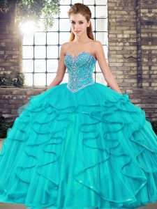 Floor Length Aqua Blue Ball Gown Prom Dress Sweetheart Sleeveless Lace Up