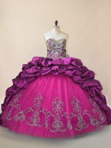 Modest Sleeveless Beading and Pick Ups Lace Up Sweet 16 Quinceanera Dress with Purple Brush Train