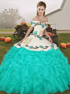 Fashion Turquoise Lace Up Ball Gown Prom Dress Embroidery and Ruffles Sleeveless Floor Length