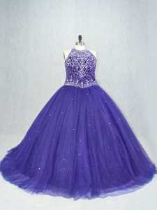 Sweet Purple Lace Up Sweet 16 Dress Beading Sleeveless Brush Train