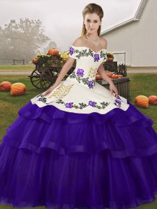 Excellent Purple Ball Gowns Tulle Off The Shoulder Sleeveless Embroidery and Ruffled Layers Lace Up 15 Quinceanera Dress Brush Train