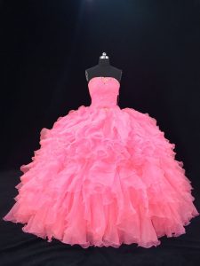 Fabulous Strapless Sleeveless Sweet 16 Dresses Floor Length Beading and Ruffles Pink Organza