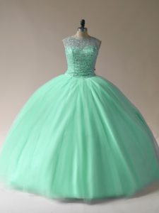 Sexy Floor Length Apple Green Quince Ball Gowns Tulle Sleeveless Beading