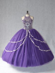 Glittering Floor Length Purple Vestidos de Quinceanera Tulle Sleeveless Beading