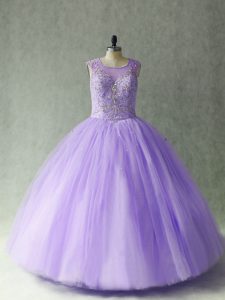 Super Lavender Tulle Lace Up Scoop Sleeveless Floor Length Ball Gown Prom Dress Beading