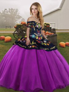 Off The Shoulder Sleeveless Quince Ball Gowns Floor Length Embroidery Black And Purple Tulle