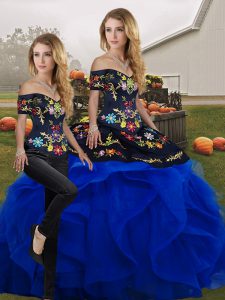 Sumptuous Embroidery and Ruffles Sweet 16 Quinceanera Dress Blue And Black Lace Up Sleeveless Floor Length