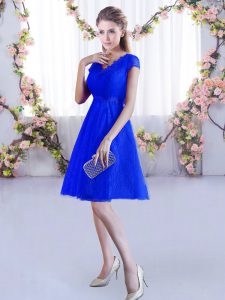Romantic Mini Length Royal Blue Damas Dress V-neck Cap Sleeves Lace Up