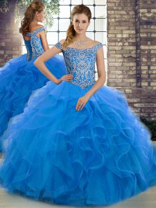 Dynamic Blue Sleeveless Tulle Brush Train Lace Up Ball Gown Prom Dress for Military Ball and Sweet 16 and Quinceanera