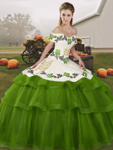 Fantastic Sleeveless Embroidery and Ruffled Layers Lace Up Sweet 16 Dress with Olive Green Brush Train