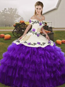 Beautiful Organza Off The Shoulder Sleeveless Lace Up Embroidery and Ruffled Layers Ball Gown Prom Dress in White And Purple