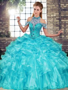 Floor Length Lace Up Sweet 16 Dresses Aqua Blue for Military Ball and Sweet 16 and Quinceanera with Beading and Ruffles