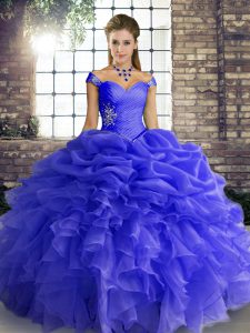 Custom Made Blue Off The Shoulder Lace Up Beading and Ruffles and Pick Ups Quinceanera Dress Sleeveless