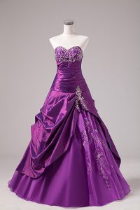 Modest Eggplant Purple A-line Organza Sweetheart Sleeveless Embroidery Floor Length Lace Up Sweet 16 Dress