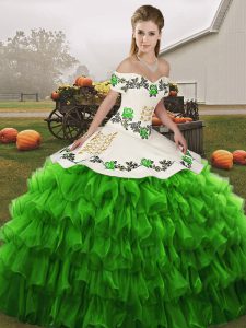 Green Quinceanera Gowns Military Ball and Sweet 16 and Quinceanera with Embroidery and Ruffled Layers Off The Shoulder Sleeveless Lace Up
